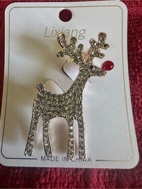 Rhinestone Reindeer Brooch - Silver with Red Nose